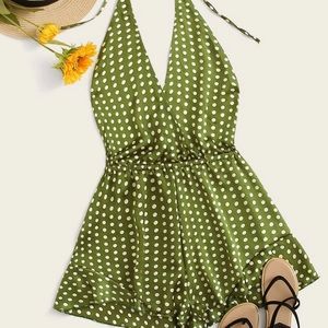 Green polka dot romper